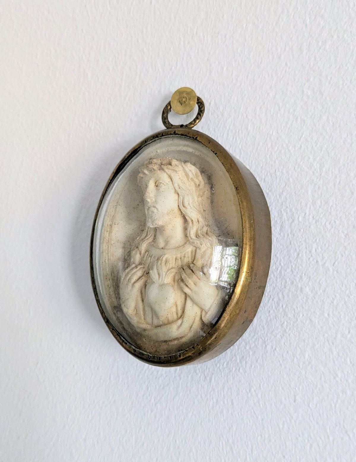 Antique French Sacred Heart Relief with Bombé Glass