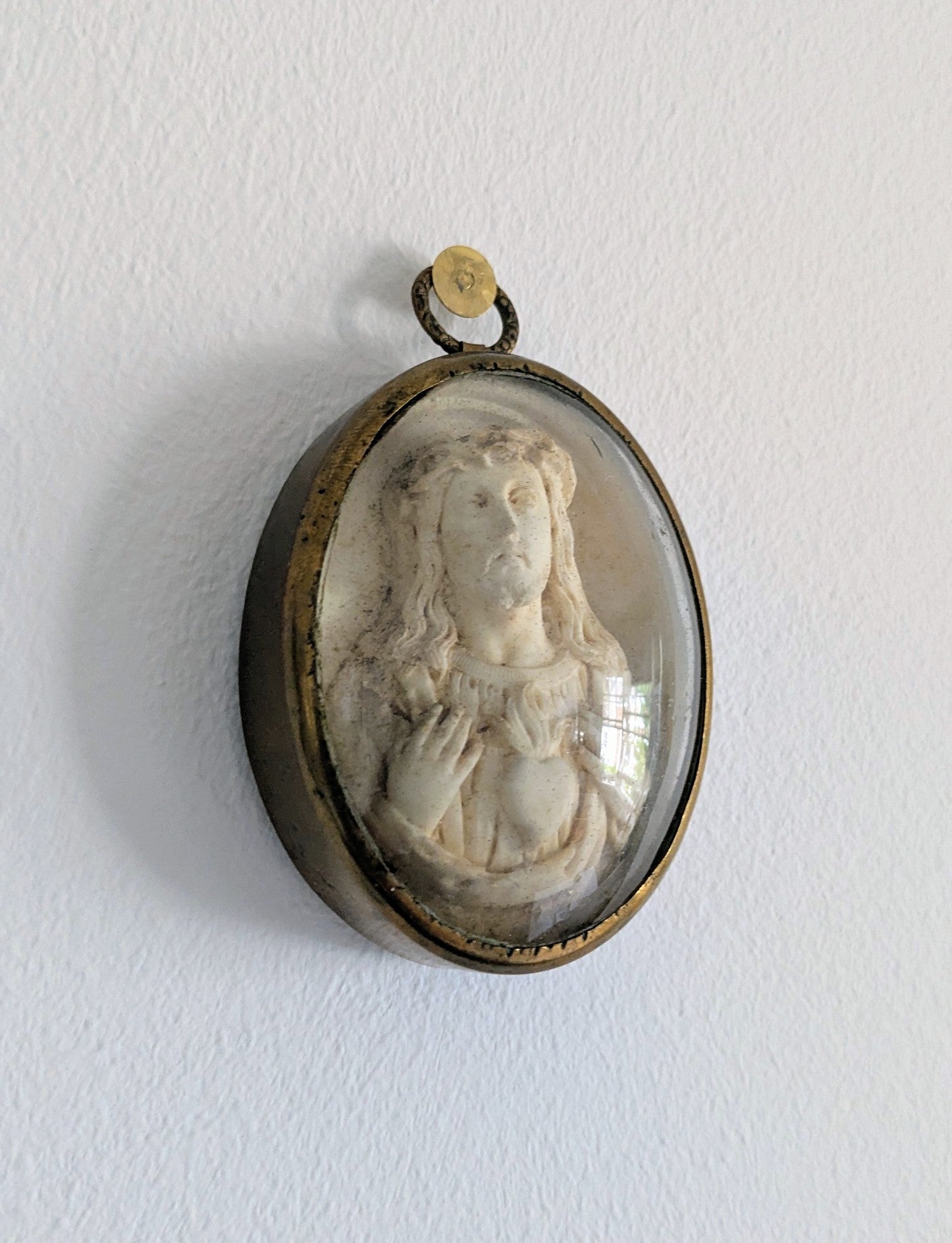 Antique French Sacred Heart Relief with Bombé Glass