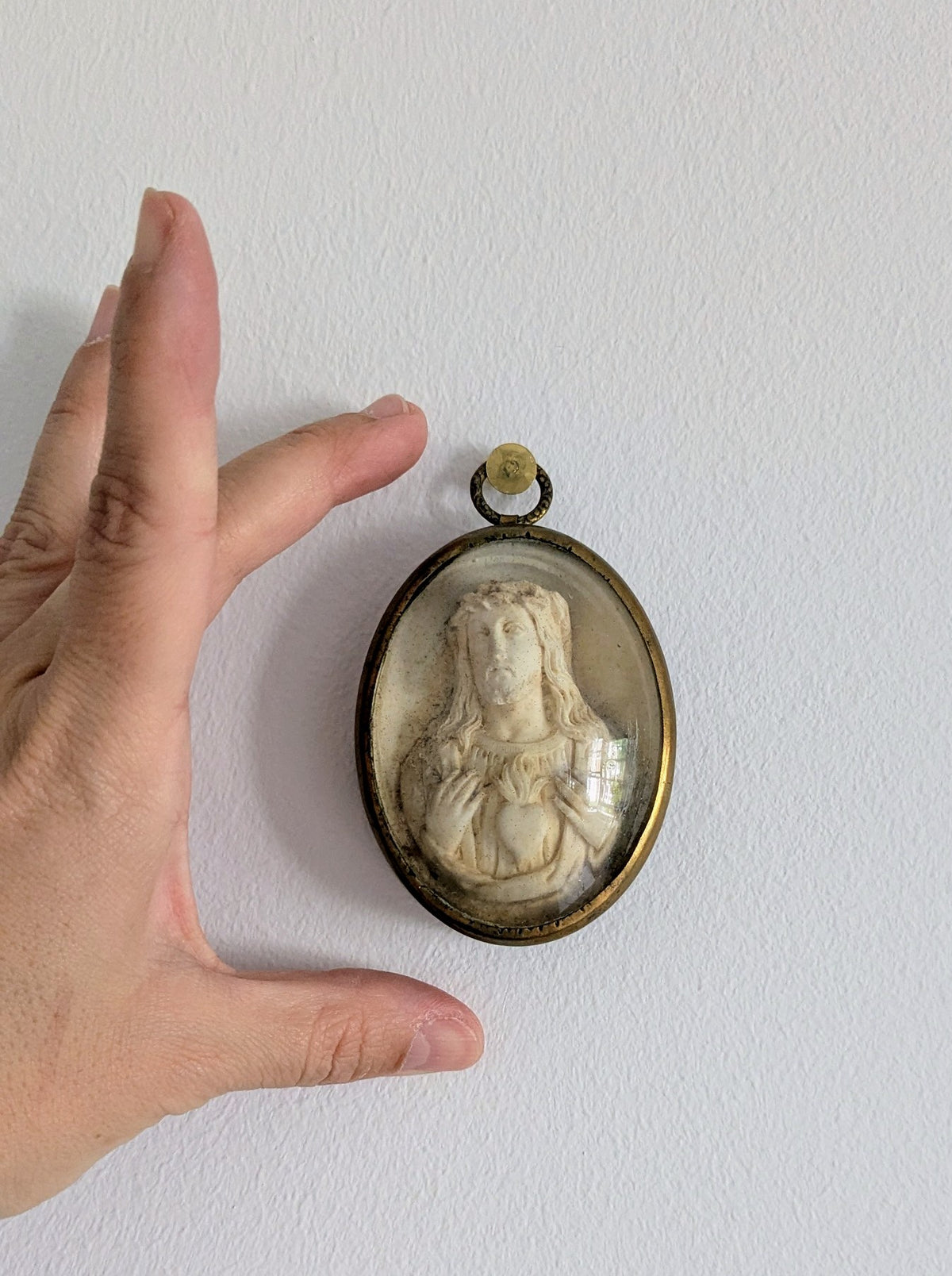 Antique French Sacred Heart Relief with Bombé Glass