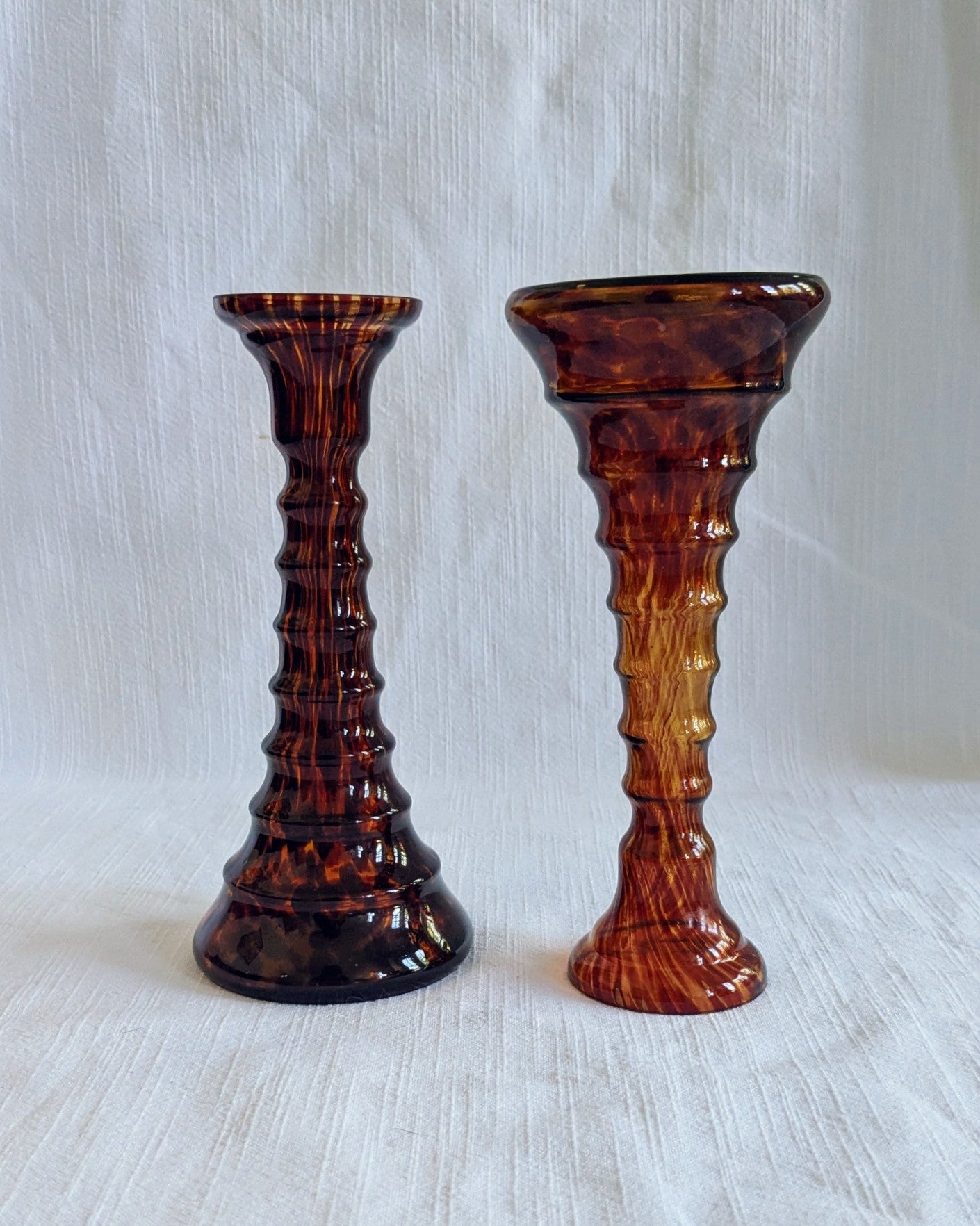 Pair of Art Deco Tortoiseshell pattern Glass Candlesticks, c.1930