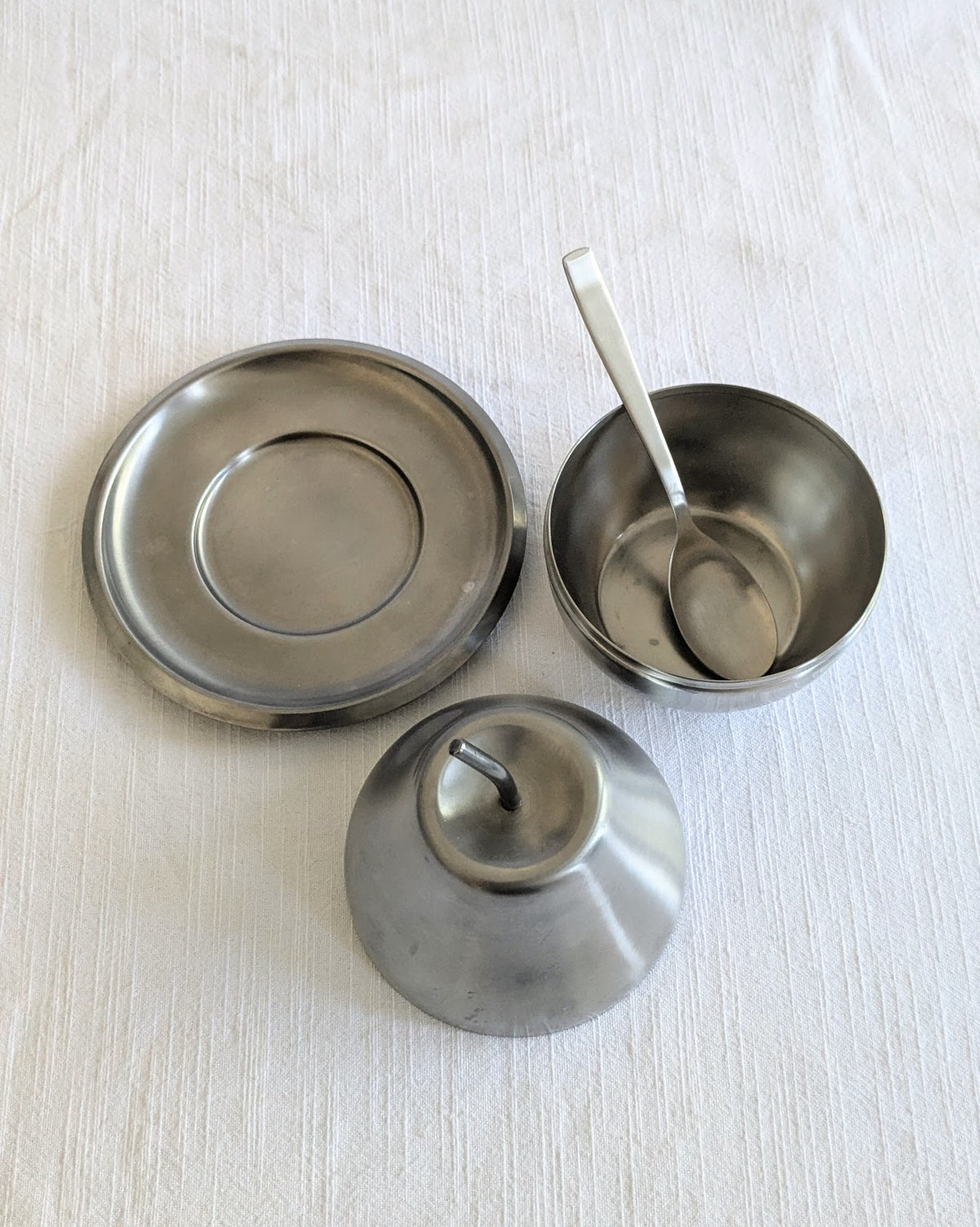Vintage 1970s Morinox Italian Stainless Steel Pear Sugar Bowl Set