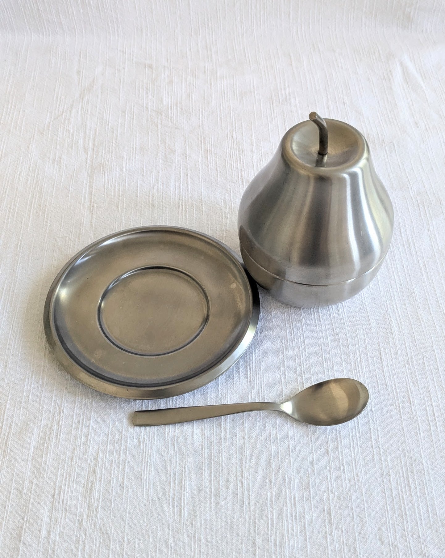 Vintage 1970s Morinox Italian Stainless Steel Pear Sugar Bowl Set