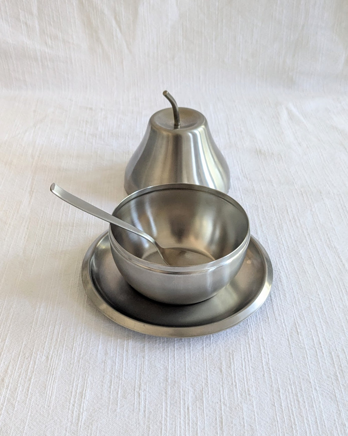 Vintage 1970s Morinox Italian Stainless Steel Pear Sugar Bowl Set