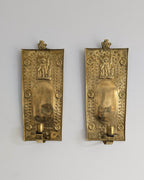Pair of antique Swedish brass wall candle sconces with floral decoration and winged cherubs