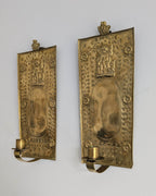 Pair of antique Swedish brass wall candle sconces with floral decoration and winged cherubs