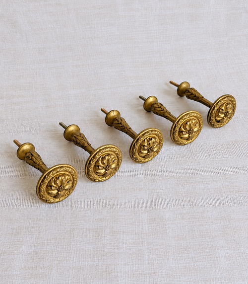 Set of five antique French gilt bronze curtain tieback hooks, Napoleon III period