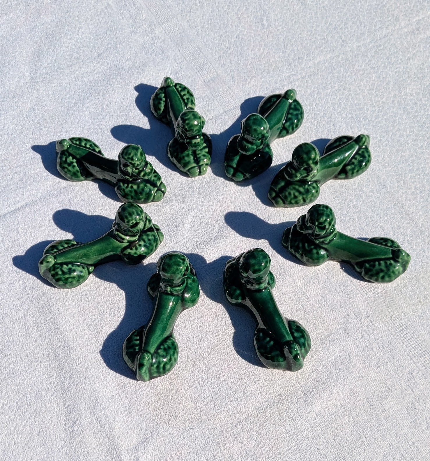 Vintage Vallauris Green Poodle Cutlery Rests Set of 8 — French Ceramic, 1950s