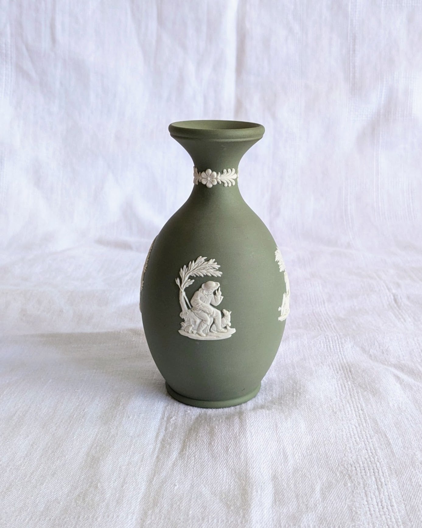 Vintage Wedgwood Jasperware Vase — Sage Green Neoclassical Relief, England, Mid-Century