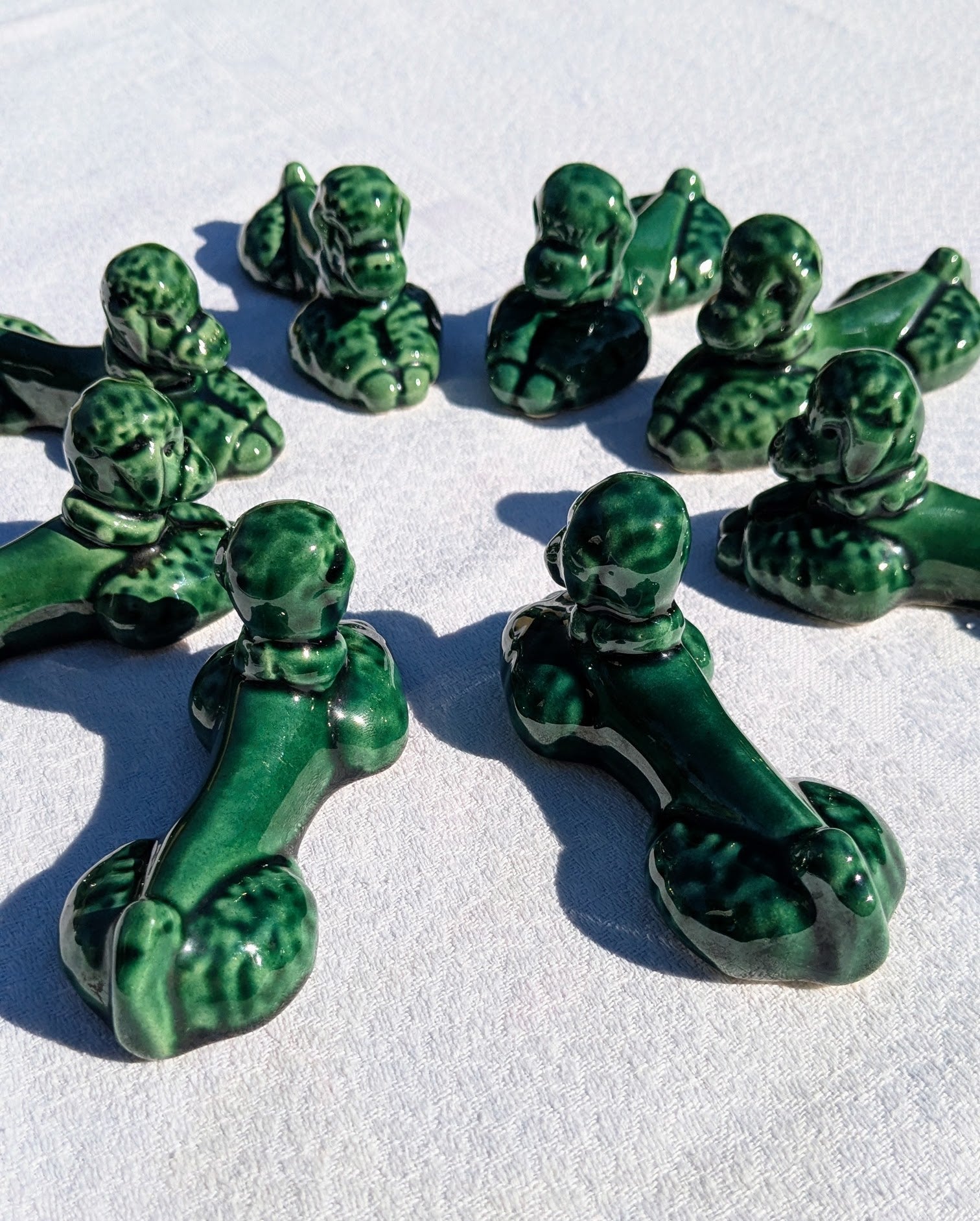 Vintage Vallauris Green Poodle Cutlery Rests Set of 8 — French Ceramic, 1950s