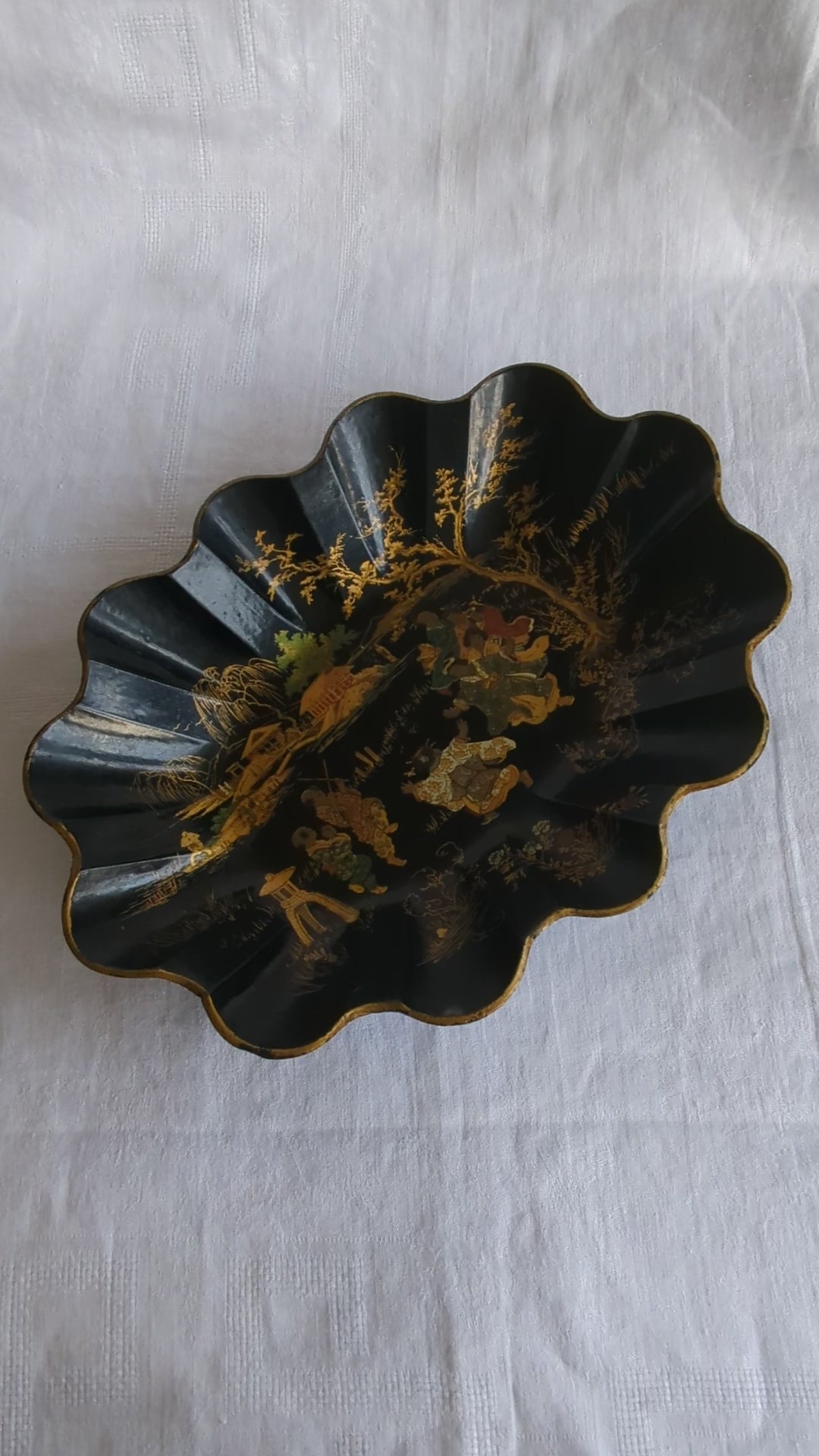 Antique French Papier Mache Bread Basket, Napoleon III Chinoiserie Tray, Black Gold Oval Fruit Bowl, 19th Century