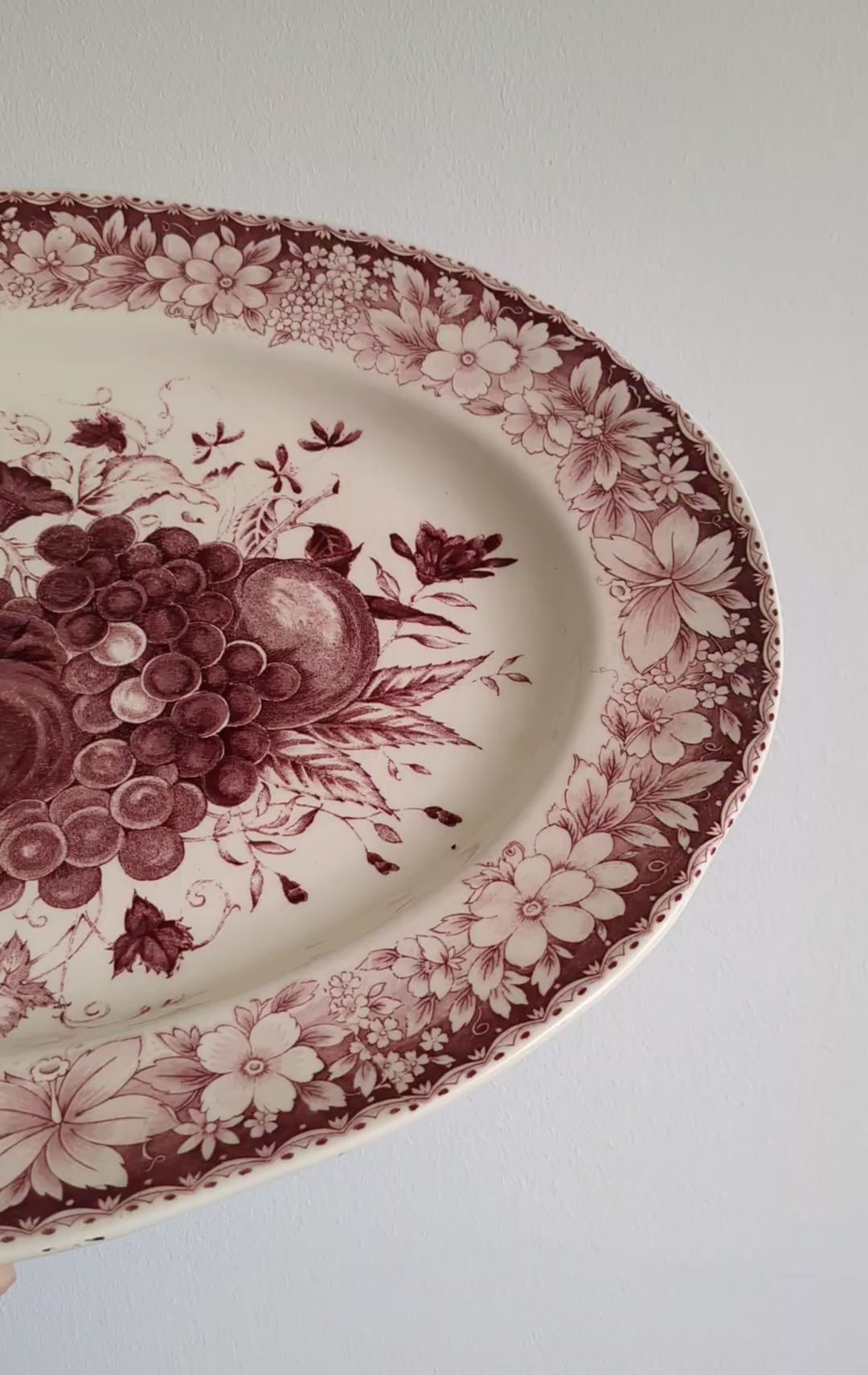 Antique Red Mulberry Transferware Oval Serving Platter – Fruit & Floral Pattern, 19th Century Staffordshire Style